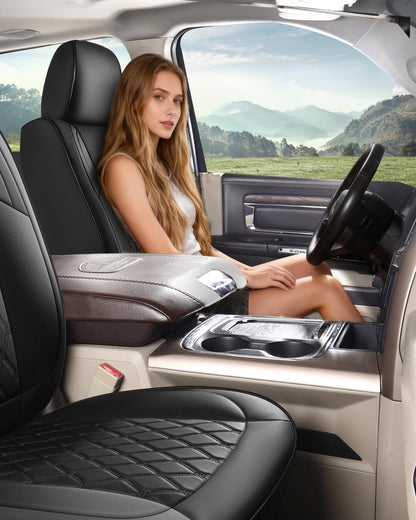 Housses de siège sur mesure compatibles avec Dodge Ram 1500 2500 3500, housses de siège de camion Ram en cuir de luxe à couverture complète 2009-2025 compatibles avec Crew Cab Double Quad Regular (ensemble complet (avant plat/arrière incurvé))