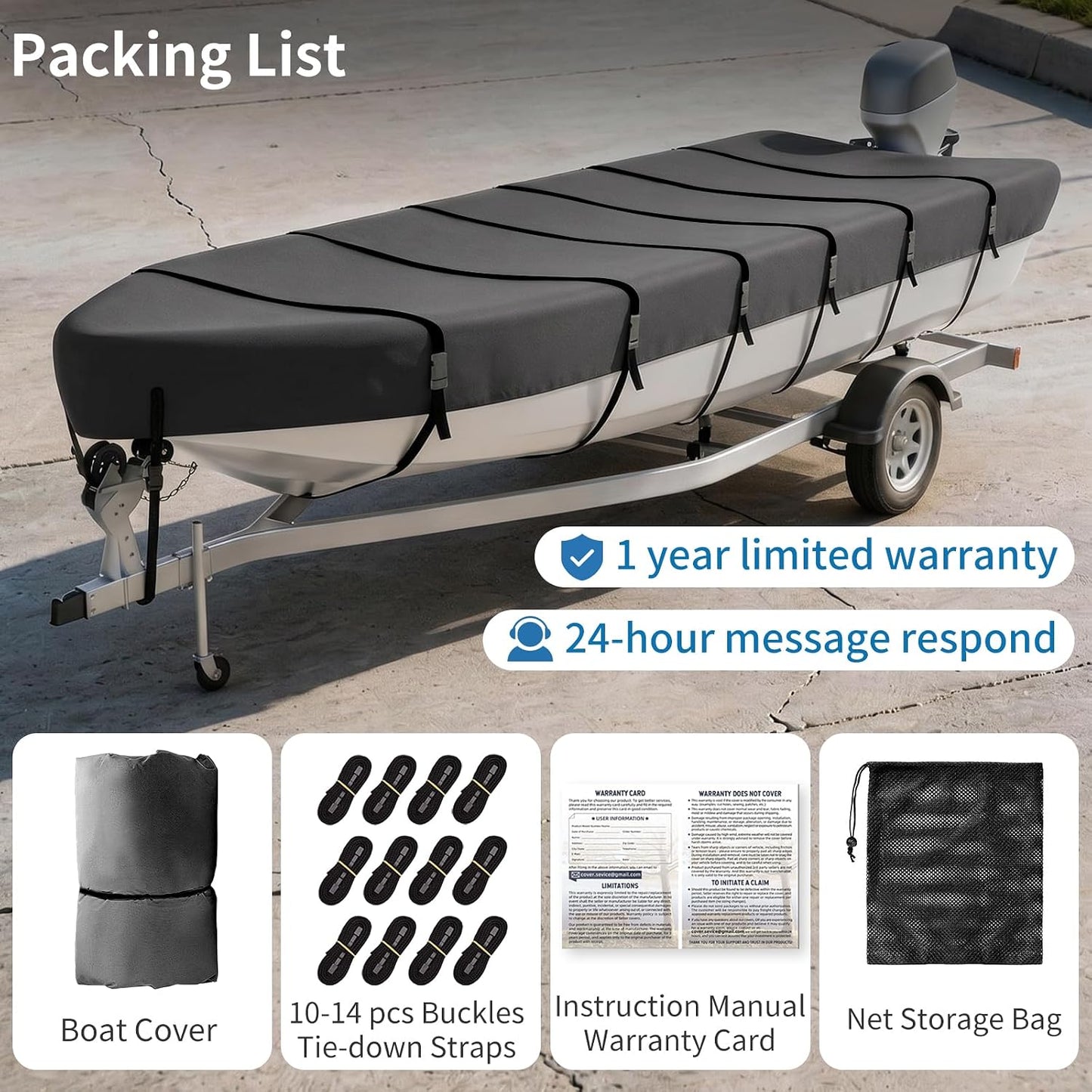 Jon Boat Cover for  V-Bow, 1200D 5-Layer Waterproof Oxford Fabric, Heavy Duty UV Protection & Tear Resistant Trailerable Mooring Cover, Marine Grade Reinforced Adjustable Side Straps