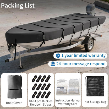 Jon Boat Cover for  V-Bow, 1200D 5-Layer Waterproof Oxford Fabric, Heavy Duty UV Protection & Tear Resistant Trailerable Mooring Cover, Marine Grade Reinforced Adjustable Side Straps