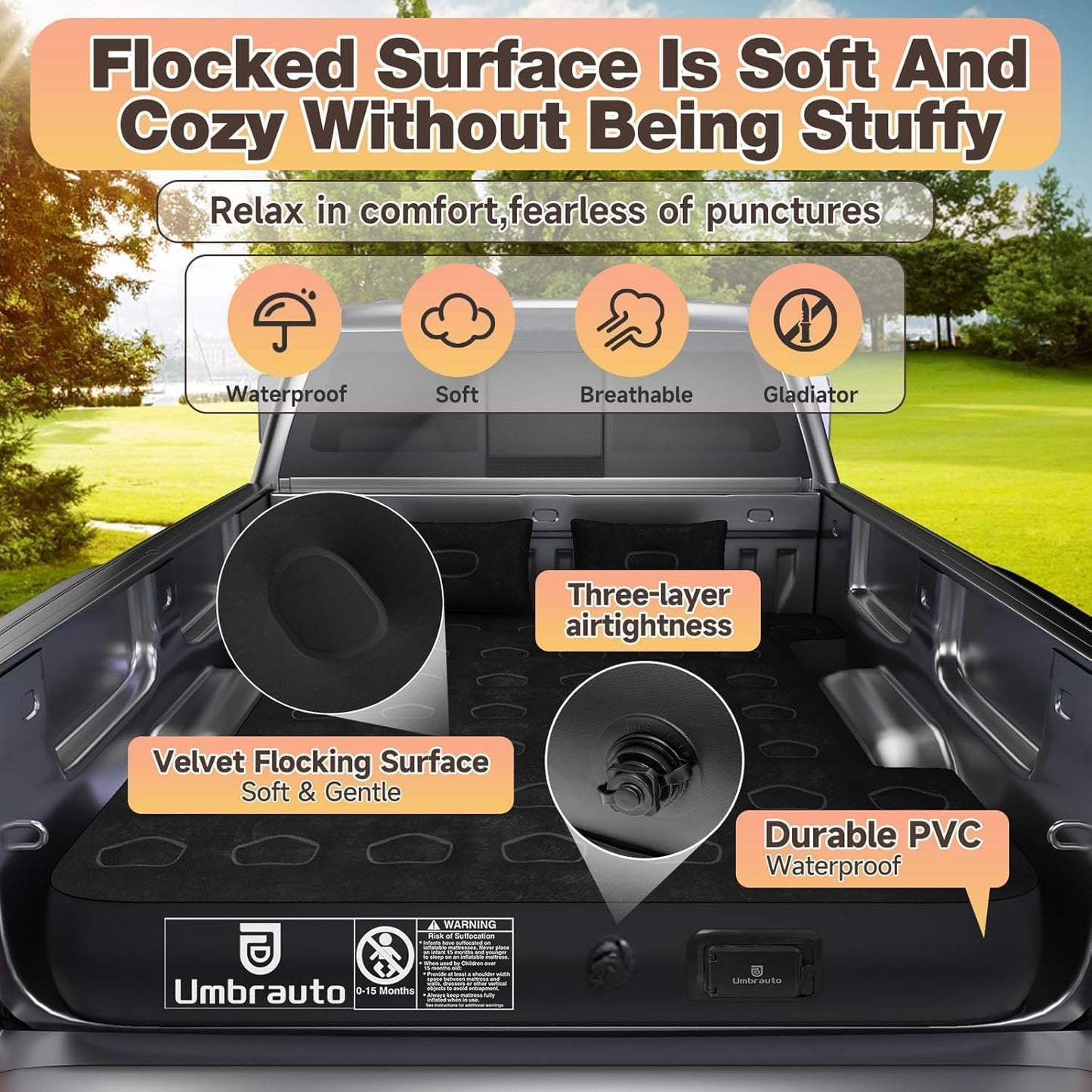 Umbrauto Built-in Pump Air Mattress for 6-6.5ft Truck Bed, Inflatable Full-Size Pickup Airbed for Ford F150/250/350, Chevy Silverado, GMC Sierra, Dodge Ram, Toyota Tundra, Nissan Titan Outdoor Camping