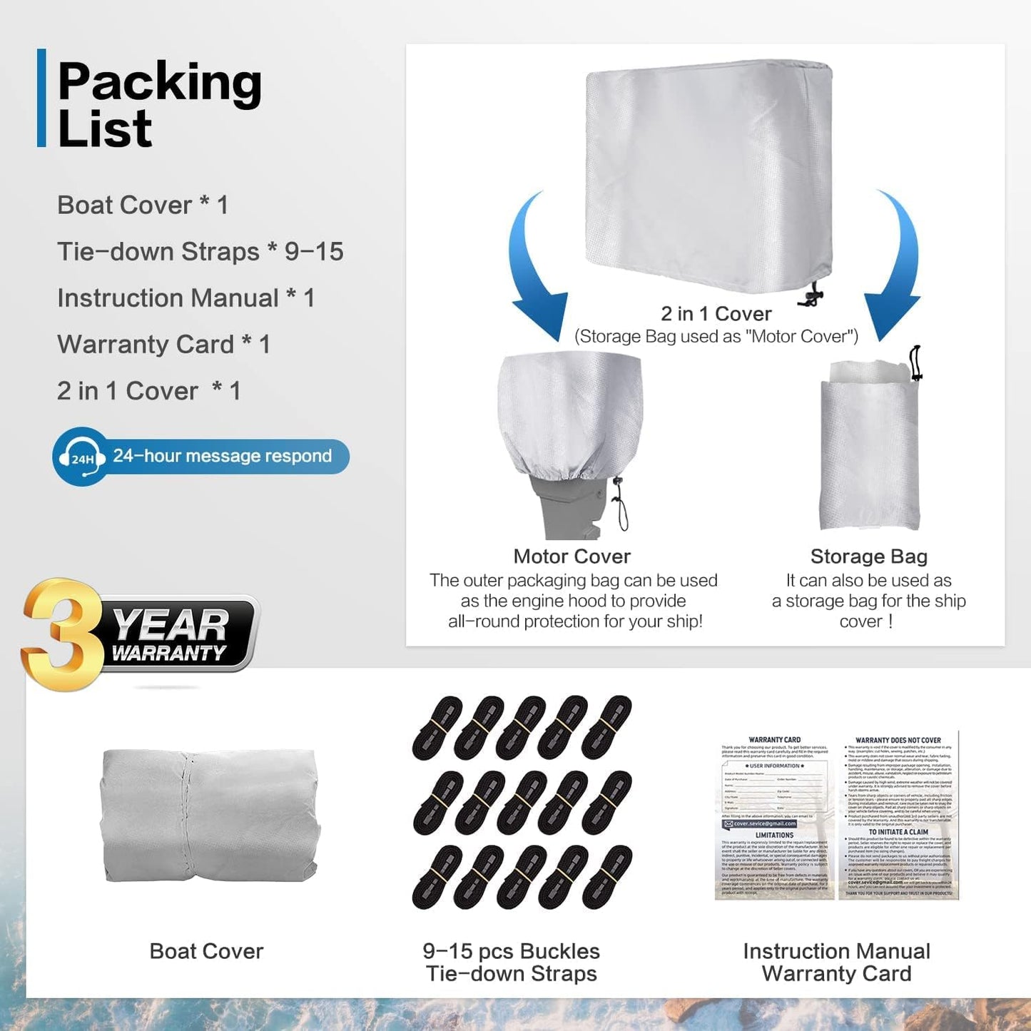 Boat Cover with Motor Cover,  100% Waterproof Boat Covers Bass Boat Cover Fits V-Hull Runabout Fishing Ski Pro-Style Bass Boats