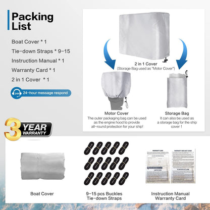 Boat Cover with Motor Cover,  100% Waterproof Boat Covers Bass Boat Cover Fits V-Hull Runabout Fishing Ski Pro-Style Bass Boats