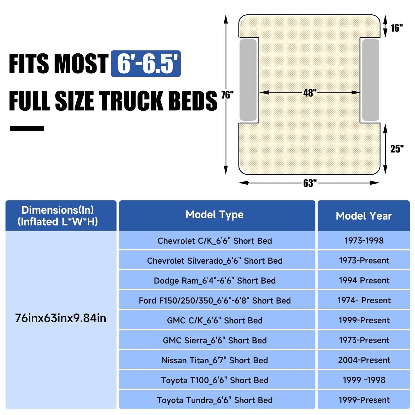 Full Size 6-6.5FT Truck Bed Air Mattress Bed Umbrauto 1.0，Gray