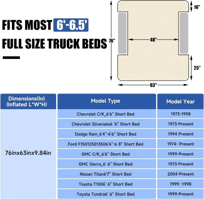 6-6.5ft Short Truck Bed Air Mattress Umbrauto 1.0